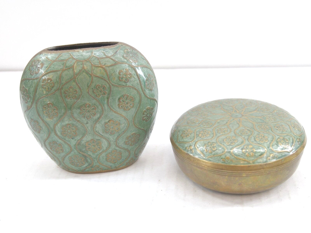 Vintage CENTURY Set Enameled Brass Vase Lacquered Solid Brass Trinket Box